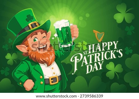 Festive St Patrick Day poster with cheerful leprechaun holding green beer mug, Irish pub atmosphere, shamrock symbols and bright green colors. Perfect for holiday posters, banners and party design. Vector art.