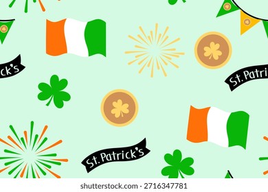 festivo St. Patrick dia sem emenda padrão com bandeiras irlandesas trevas moedas de ouro fogos de artifício e decorações comemorativas no fundo verde macio