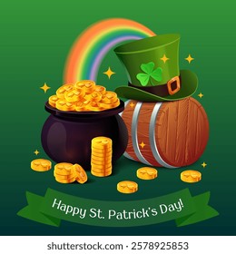 A festive St. Patrick s Day composition featuring a pot of gold overflowing with shiny coins, a leprechaun hat, a wooden barrel, and a vibrant rainbow in the background. The rich green tones, glowing