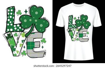 Festive St Patricks Day apparel design showcasing a charming love theme with shamrocks polka dots and plaid patterns ideal for t shirts