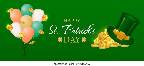 Festive St. Patrick's Day background. Greeting banner, postcard or poster template. Leprechaun hat with gold coins, balloons. Green background. Vector illustration.