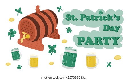 Festive St Patricks Day banner with a beer barrel, mugs of green and yellow beer, clovers, gold coins, and decorative lettering isolated on white background. Vector holiday banner with typography