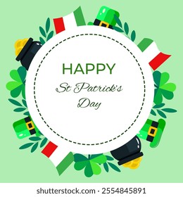 Festive St. Patrick's Day design with a circular white frame surrounded by clovers, Irish flags, leprechaun hats, and pots of gold. Perfect for holiday greetings, celebrations, and cultural themes.