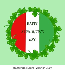 Festive St. Patrick's Day design featuring the Irish flag surrounded by shamrocks. Perfect for holiday greetings, celebrations and cultural themes, banners, flyers..