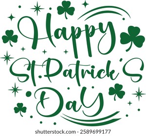A festive St. Patrick's Day design featuring green script text, shamrocks, stars, and decorative swirls on a black background.
