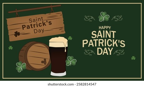 A festive St. Patrick's Day greeting card featuring a wooden barrel, a pint of beer, and green clovers set against a green background, celebrating Irish heritage and good cheer