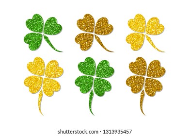 Festive St. Patrick's Day holiday design elements as magic sparkling glitter clover leaves