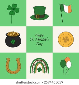 Festive St Patricks Day illustration featuring shamrocks, Irish flags, and a pot of gold for holiday celebrations. Lucky symbols, rainbows, horseshoes, and a clover.