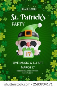 Festive St. Patrick's Day poster showcasing a playful leprechaun holding a gift, perfect for promoting exciting parties and events on March 17 with live music.