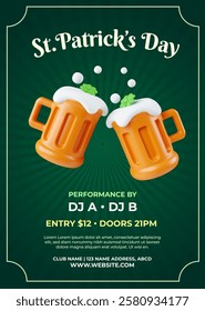 Festive St. Patrick's Day poster featuring two frothy beer mugs celebrating the event with vibrant colors and lively design, perfect for promoting parties and events.