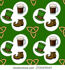 Festive St. Patrick's Day seamless vector pattern with leprechaun hats, boots, beer mugs, and Celtic knots