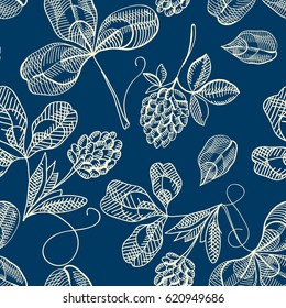 Festive St Patricks Day seamless pattern with hand drawn irish clover on blue background vector illustration