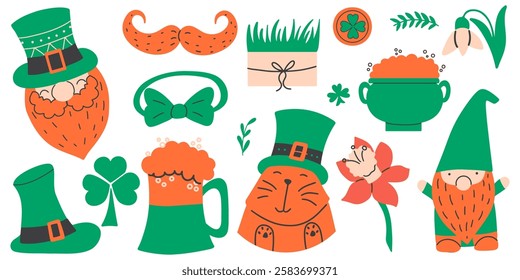 Festive St. Patrick's Day vector illustration with leprechauns, shamrocks, pot, cat and green and orange elements. Hand drawn festive set