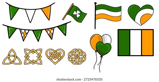 Festive St. Patrick's Day vector illustration set with Irish flags, shamrocks, Celtic knots, bunting, and balloons