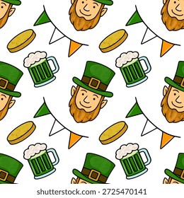 Patrón festivo del Vector del día de San Patricio con leprechauns, tazas de cerveza, monedas de oro y banderas de bunting