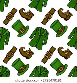 Patrón de Vector festivo del día de San Patricio con sombreros de duende verdes, cinturones abrochados y zapatos rizados.