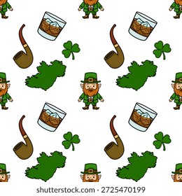 Padrão de vetores festivos do Dia de São Patrício com leprechauns, trevos, canos e copos de uísque