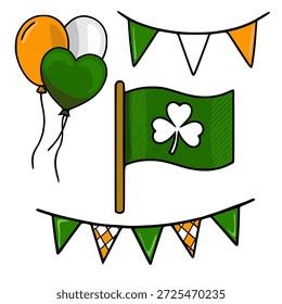 Ilustración vectorial festiva del Día de San Patricio con bandera de trébol, globos y bunting