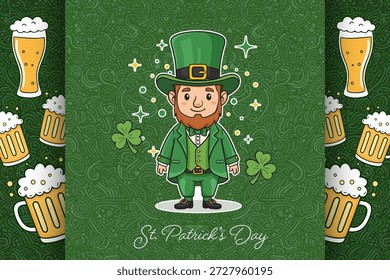 A festive St. Patrick's Day vector illustration featuring a cute leprechaun mascot, foam-topped beer mugs, shamrocks and sparkles over an ornate green patterned background