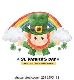 Festive St. Patrick's Day Watercolor Leprechauns, Rainbows, Lucky, Pot of gold