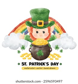 Festive St. Patrick's Day Watercolor Leprechauns, Rainbows, Lucky, Pot of gold