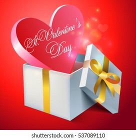 Festive St. Valentine's Day illustration with pink heart in gift box and golden ribbon/ Vector. Fully editable.