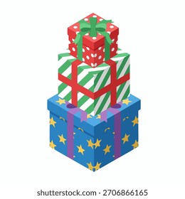 Pila festiva de regalos: Ilustración isométrica de cajas de regalo envueltas de Festiva y fiesta