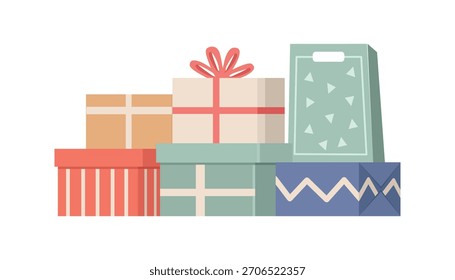 Festive Stack of Wrapped Gifts and Shopping Bag. Surprise gift. Graduation gift. Christmas gift box.