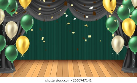 Festliche Bühne mit luxuriösen dunkelgrünen und schwarzen Samtvorhängen, poliertem Holzboden und mehrfarbigem Grün, Gold, cremefarbenen Ballons mit verstreuten goldenen Konfetti.