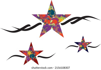 Festive star symbols on a white backdrop. Multicolored symbols of stars with spiral elements inside - three options for holidays and events, web icons, prints, textiles, fabrics, logos, fashion, etc.