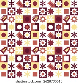 Festive starburst and floral pattern in burgundy, cream, and yellow tones, forming a vibrant quilt-inspired abstract composition.