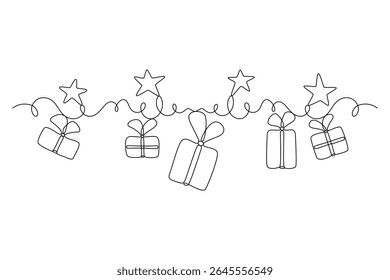 Festive stars and boxes with gift drawn with continuous line in minimalism, one line, Xmas decor. Greeting card, invitation to holiday. Editable vector outline.