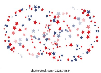 Festive stars confetti backdrop. Scattered colorful stars vector design. Magic red, pink, blue, violet asterisks banner. Swirl sparkle stars confetti splash. Carnival tinsel decorative elements
