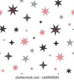 Festive stars decoration seamless pattern. Simple flat vector surface illustration cartoon style. Party celebration hand drawn cute picture graphic design clip art element. Digital wrapping paper.