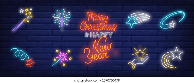Festive stars neon sign set. Magic wand, motion, star in hand. Vector illustration in neon style, bright banner for topics like New Year, party, celebration, fun