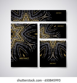 Festliche Schreibtischschablone mit glänzenden Gold- und Silberpastellverzierungen.  Vektorgrafik. Briefpapier, Umschlag, Postkarte, Grußkarte, Flyer, Banner mit goldenen Teilchen