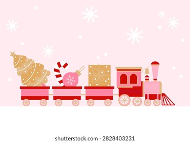 Festive steam engine train. Christmas toy train. Cartoon train, locomotive and wagon. Christmas train