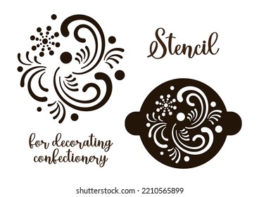 Festive stencil with snowflake and swirls. Decor of confectionery and drinks. Christmas stencil silhouette