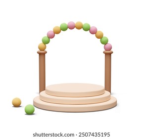 Festive step stage with arch, decorated with balls of different colors