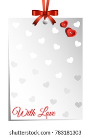 Festive sticker with hearts, buttons,red bow and inscription with love. Vector colorful illustration. 