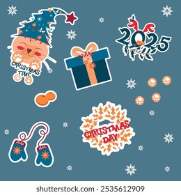 A festive sticker set featuring a cute cat in a holiday hat, gift box, "2025" with reindeer antlers, mittens, a Christmas wreath, oranges, and paw prints, all accented with snowflakes for a cozy Chris