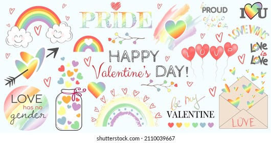 Festive stickerpack on LGBT topic containing phrases, lgbt symbols, rainbows, hearts for congratulation with Valentines day. Trendy lettering and festive text design. Gay pride and love concept