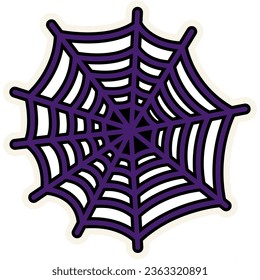 Festive sticky web stroked sticker. Holiday festive badge emblem. Decorative spider web element for scrap booking, greeting card, party invitation. Color vector isolated on white background