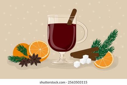 Festive still-life illustration of a mulled wine glass surrounded by holiday spices, orange slices, pine sprigs, cinnamon sticks, and sugar cubes, set against a beige background with snowflakes.