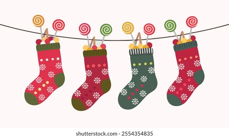 Festive stockings hanging, filled with candies and lollipops, spreading holiday cheer