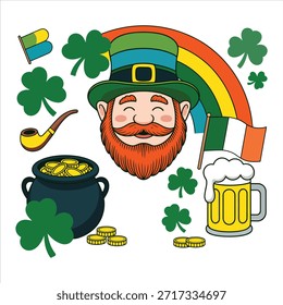 A festive StPatricks Day vector illustration set featuring a happy leprechaun lucky shamrocks a pot of gold and a vibrant rainbow