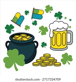 Ilustración festiva del Día de San Patricio con una olla de tréboles de la suerte de oro y una taza espumosa de cerveza