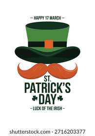 Gráfico de Vector festivo de StPatricksDay con un sombrero de copa de duende verde con hebilla naranja y bigote de jengibre