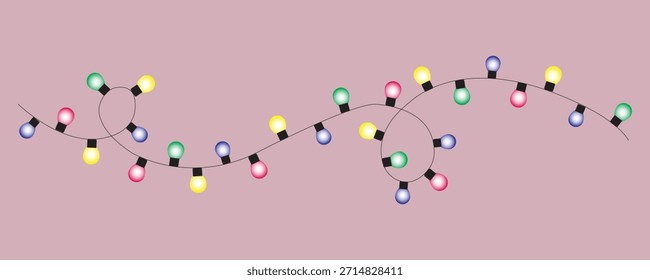 uma série festiva de lâmpadas coloridas, brilhantes e dispostas em um padrão ondulado decorativo, perfeito para festas e festas, isolado em um fundo simples
