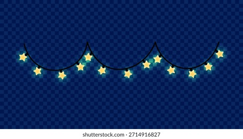 A festive string of illuminated star-shaped lights hangs against a dark, checkered blue background, creating a magical ambiance